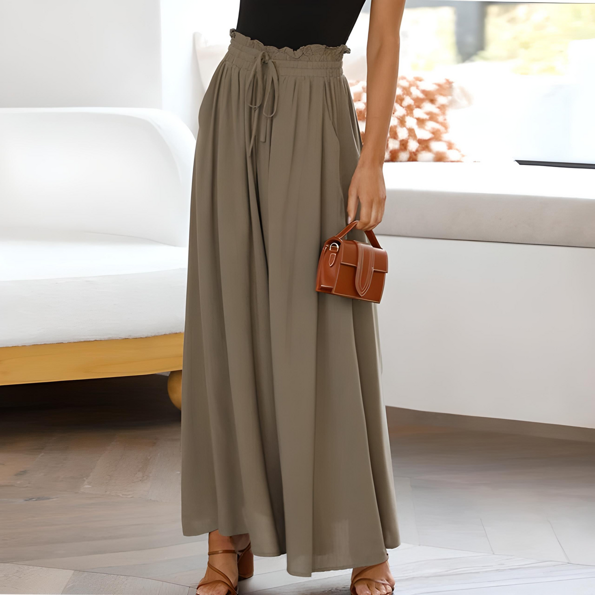 Pantalon large femme taille haute à ceinture nouée 4