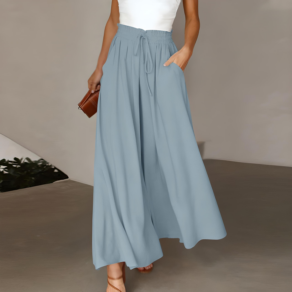 Pantalon large femme taille haute à ceinture nouée 5