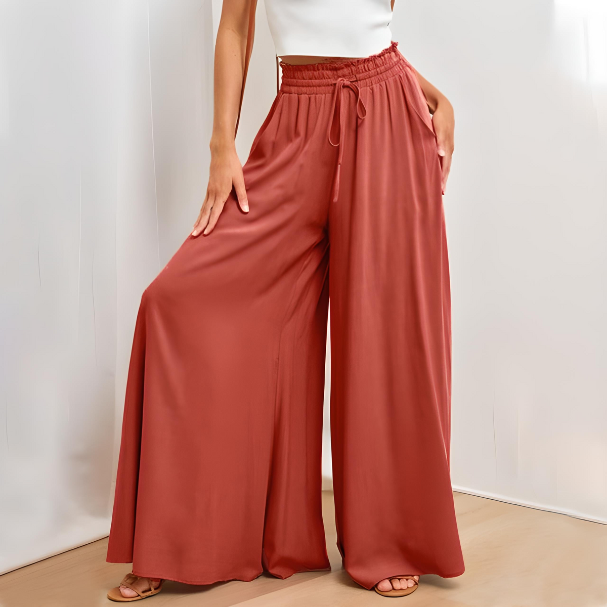 Pantalon large femme taille haute à ceinture nouée 7