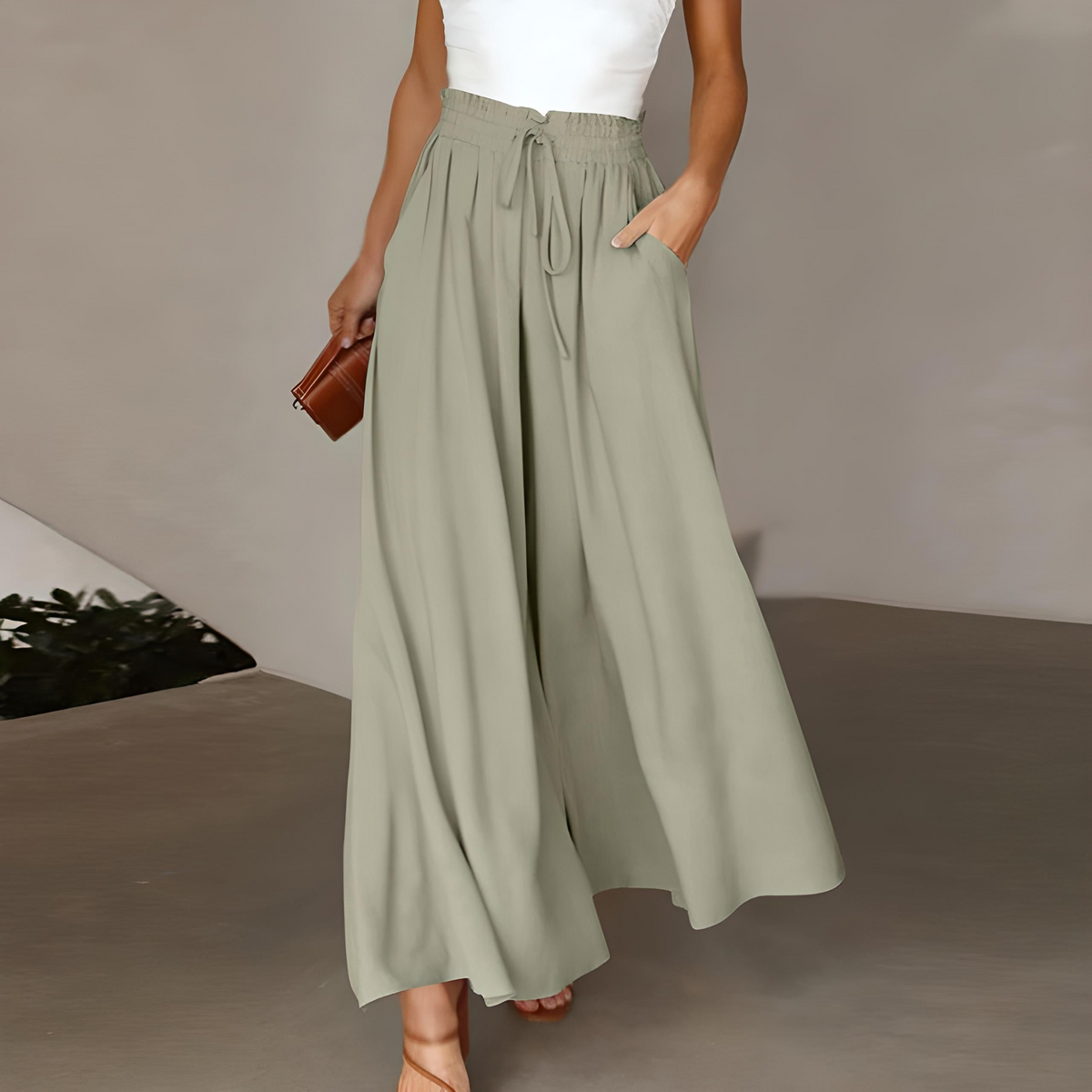 Pantalon large femme taille haute à ceinture nouée 8