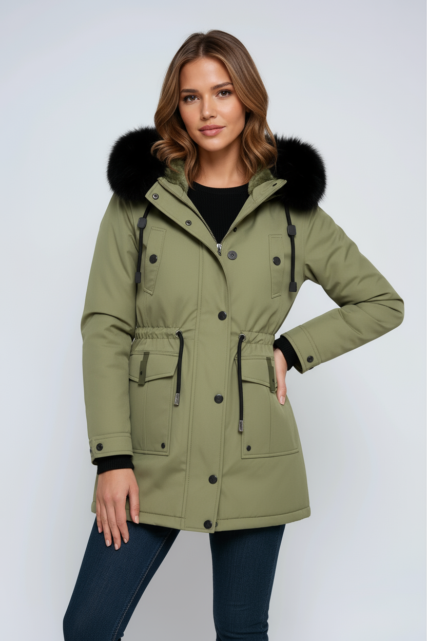 Parka d'hiver femme à capuche bordée de fausse fourrure et taille réglable 3