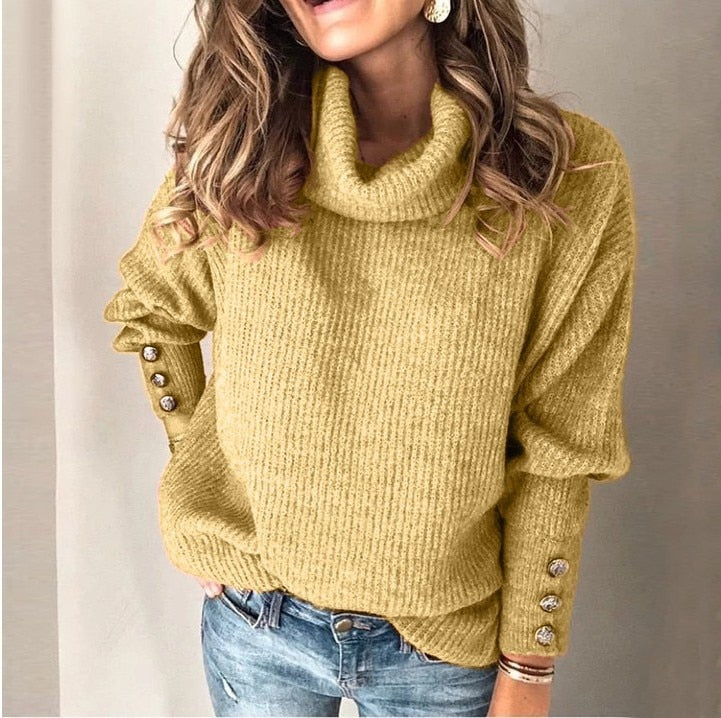 Pull col roulé femme long à boutons sur les manches, doux et chaud 4