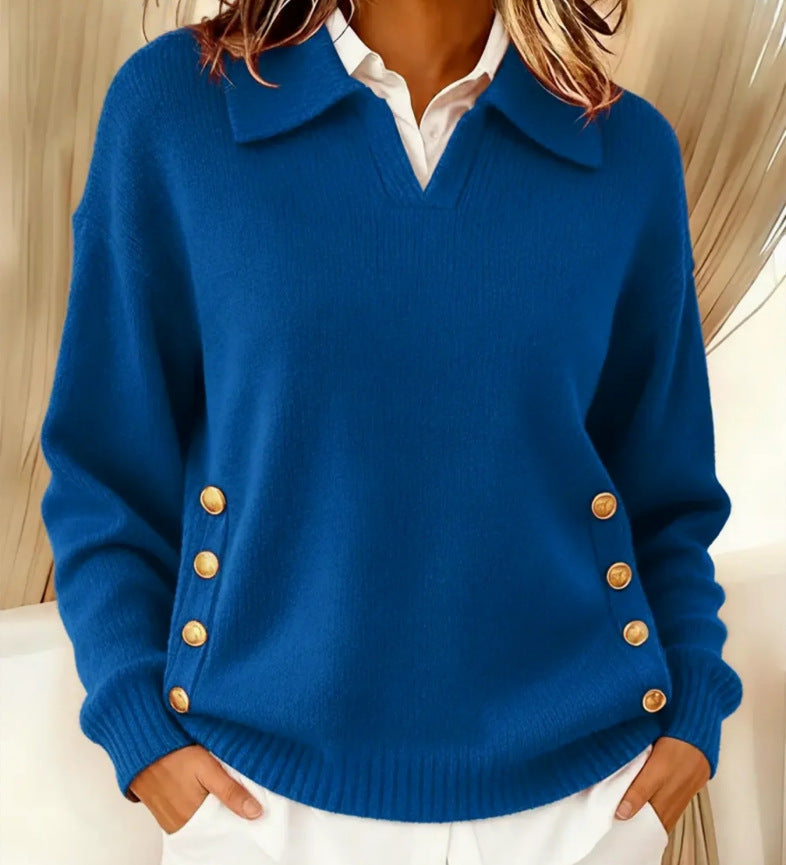 Pull en maille à col polo femme à boutons dorés 1