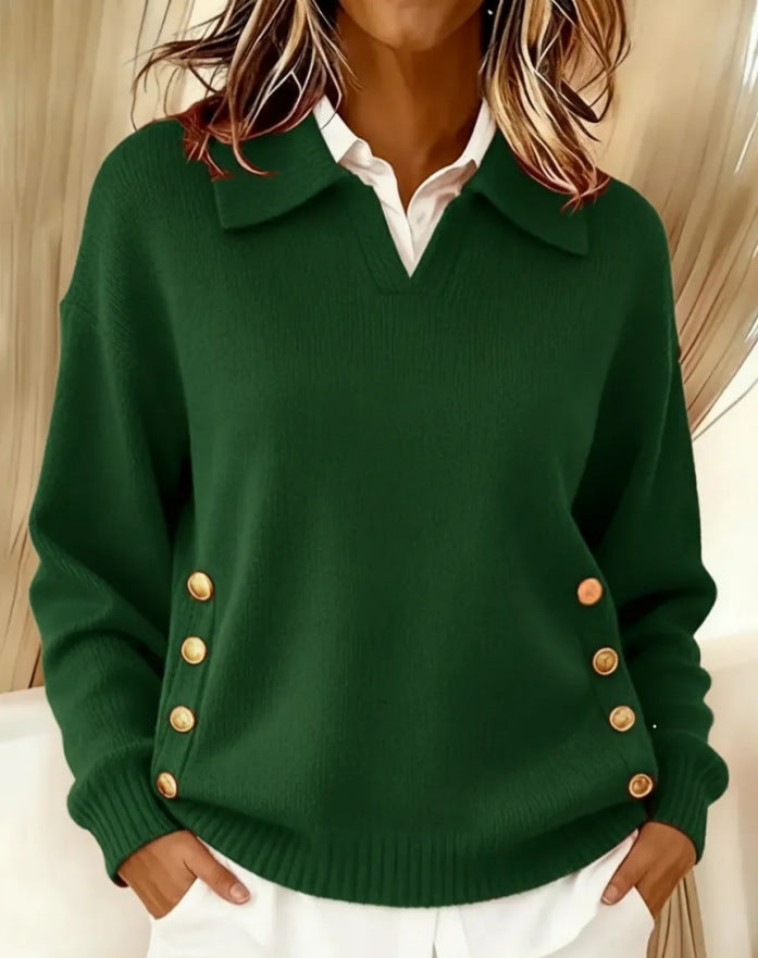 Pull en maille à col polo femme à boutons dorés 5