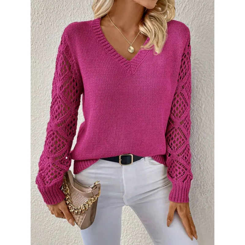 Pull en maille ajourée à col V et manches longues 1