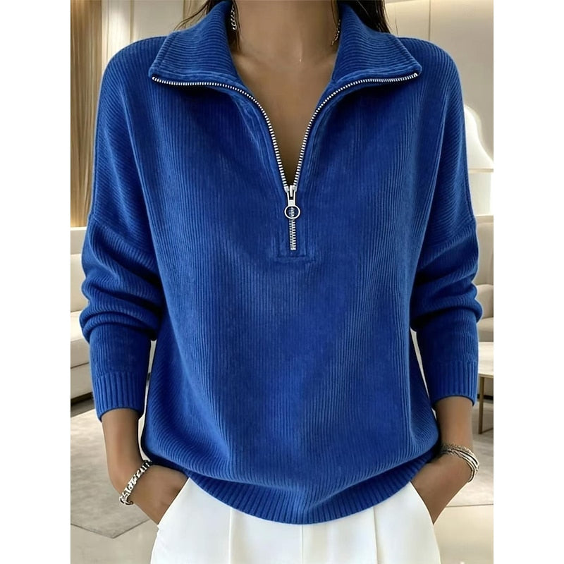 Pull en maille côtelée col montant à demi-zip femme 1