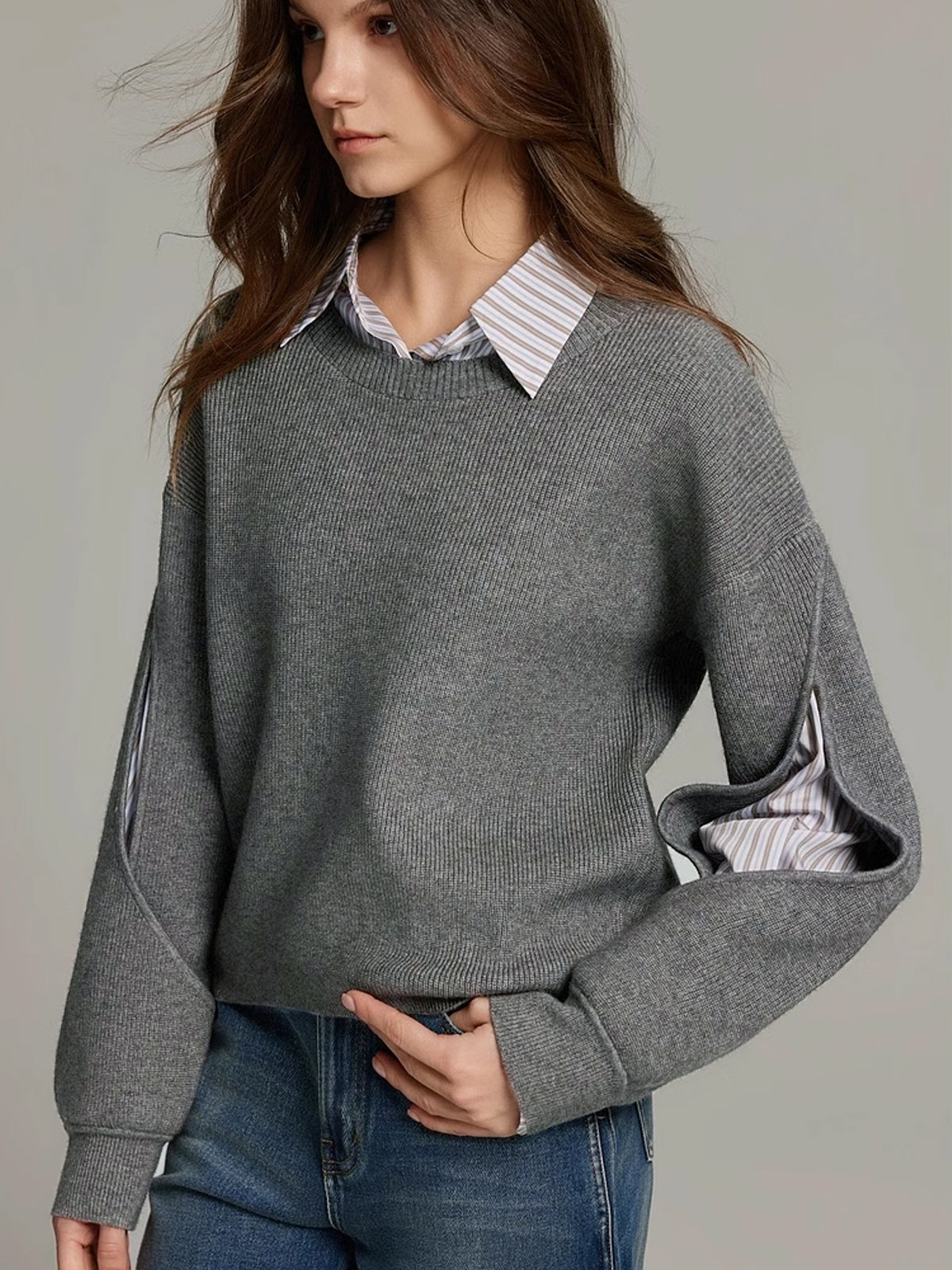 Pull en maille côtelée femme effet 2-en-1 à col rond 5