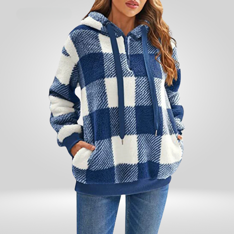Pull femme à capuche en polaire sherpa à carreaux 1