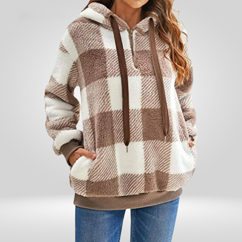 Pull femme à capuche en polaire sherpa à carreaux 2