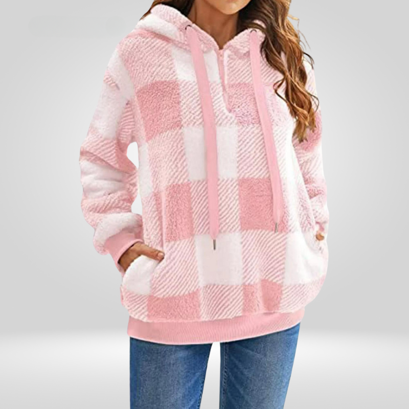 Pull femme à capuche en polaire sherpa à carreaux 3
