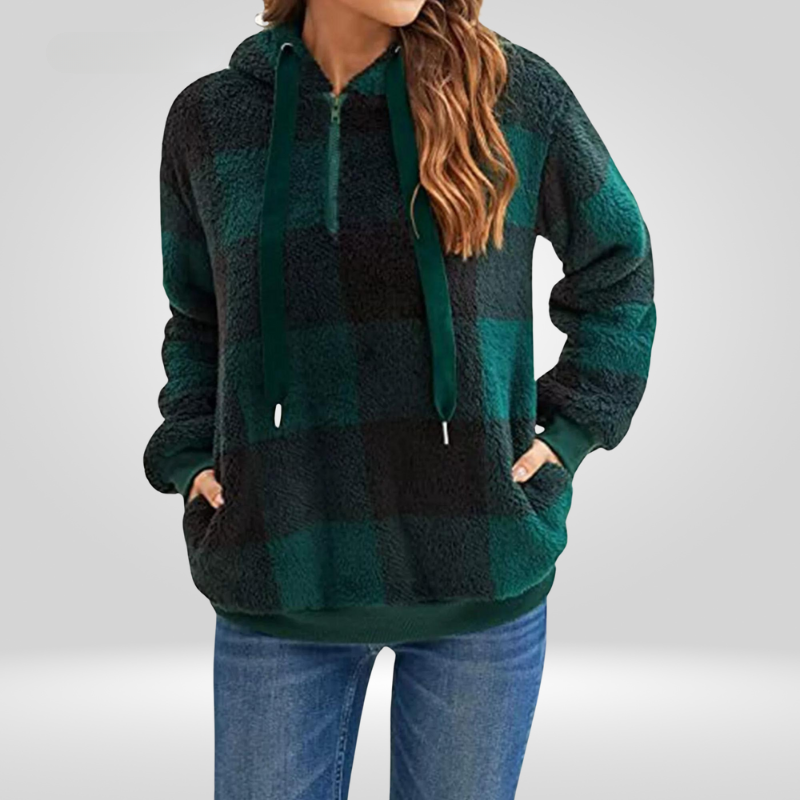 Pull femme à capuche en polaire sherpa à carreaux 5