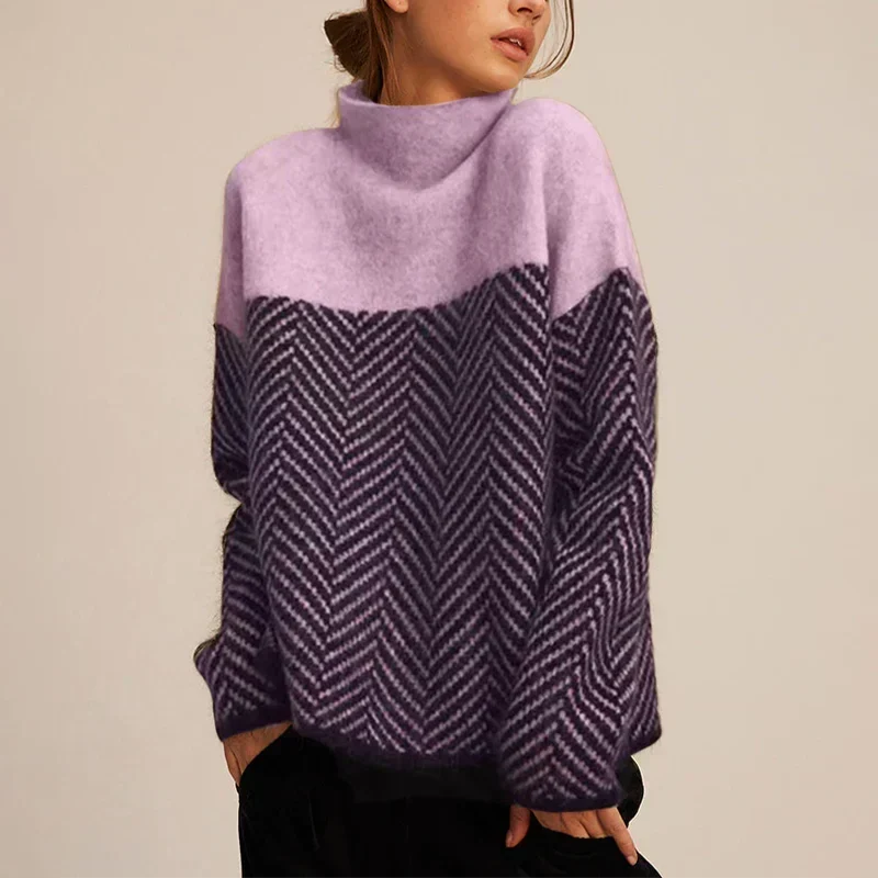 Pull femme à col haut, manches longues et tissu uni 2
