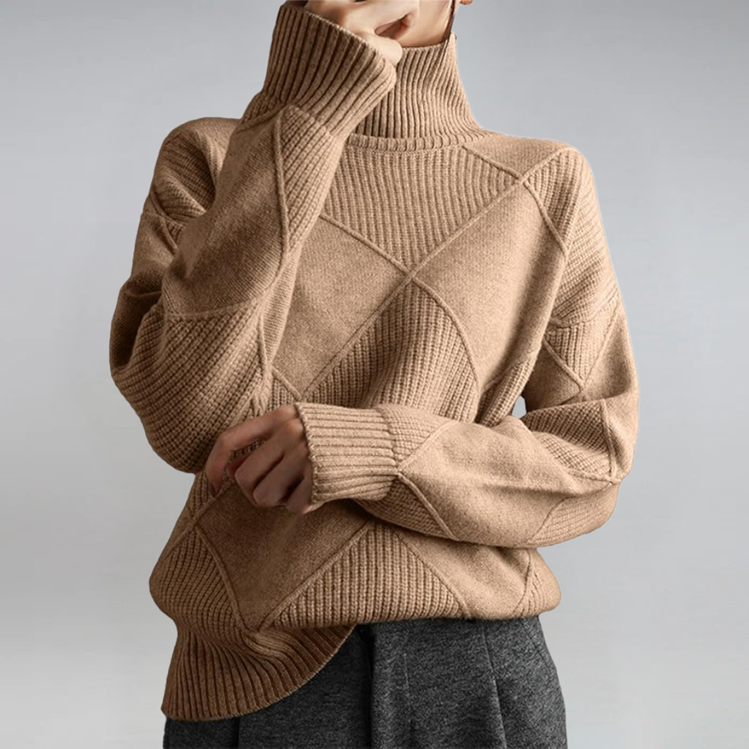 Pull femme col roulé en maille à motif losanges 2
