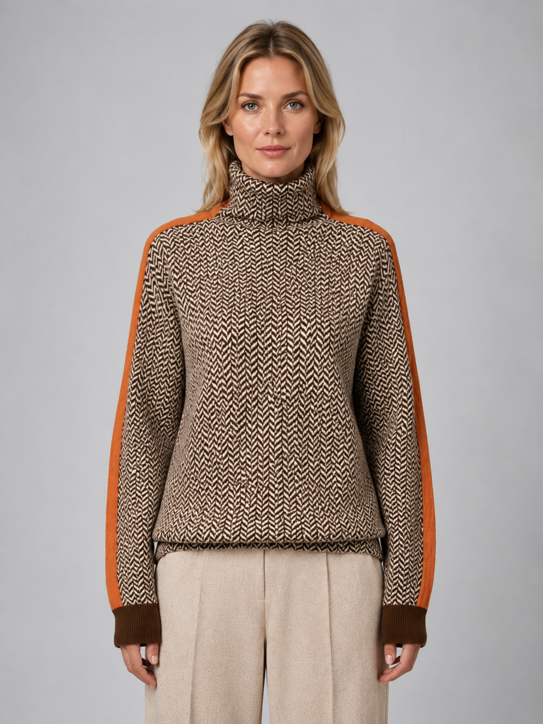 Pull femme col roulé en maille chevron 1