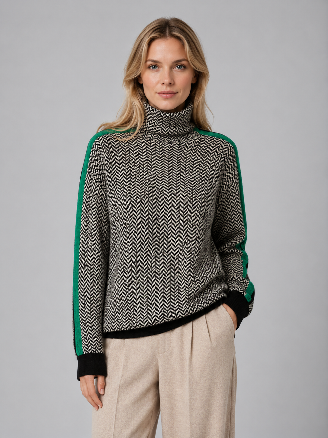 Pull femme col roulé en maille chevron 2