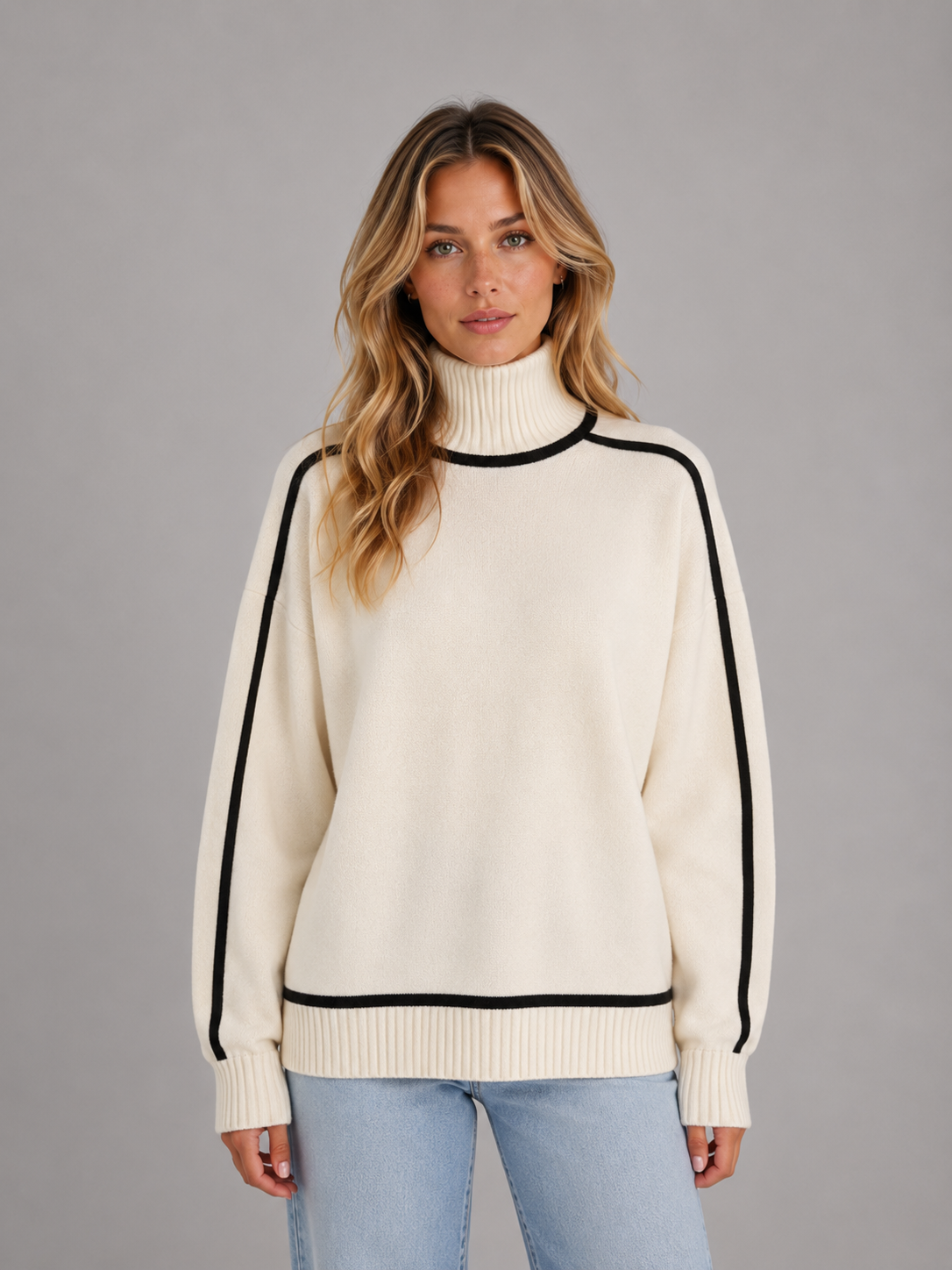 Pull femme col roulé oversize en maille à liseré contrastant 2