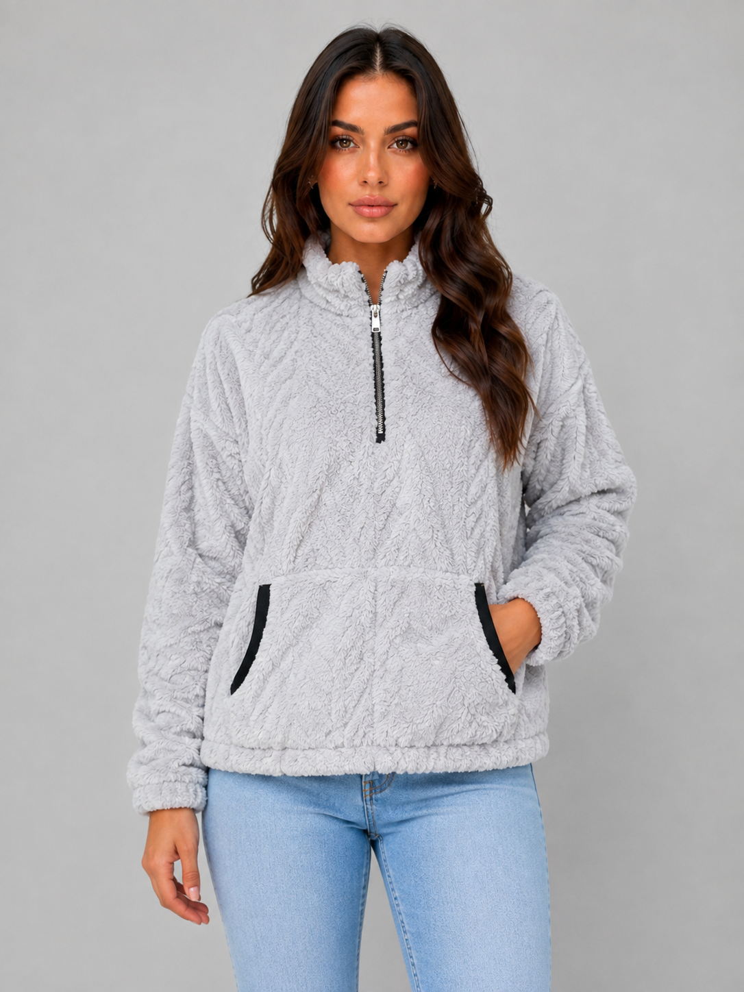 Pull femme demi-zip en polaire sherpa à col montant 2