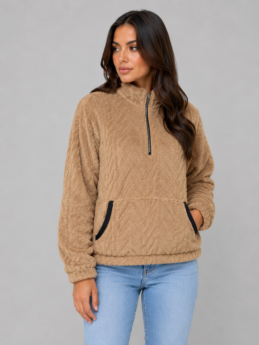Pull femme demi-zip en polaire sherpa à col montant 3