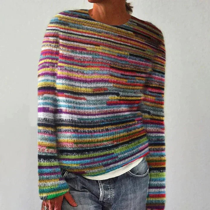 Pull femme en grosse maille rayé à col rond et manches longues 2