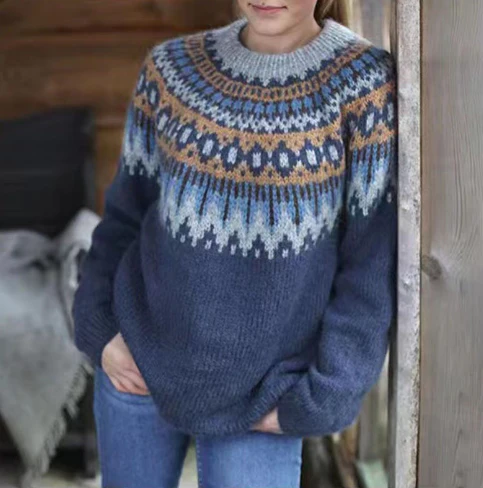 Pull femme en laine à motif nordique col rond et manches longues 3