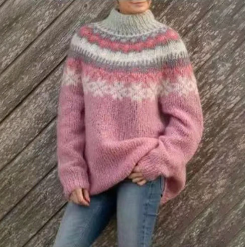 Pull femme en laine à motif nordique col rond et manches longues 4