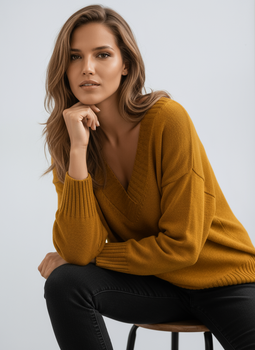 Pull femme en maille à col en V, bords côtelés et coupe ample 6