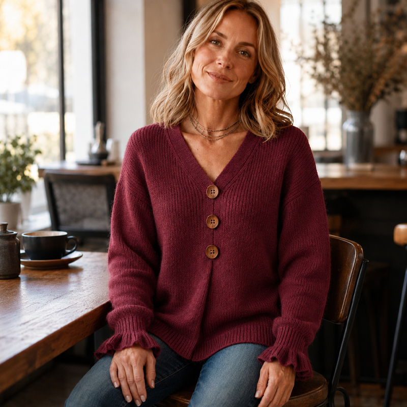 Pull femme en maille à col V boutonné et manches longues 10
