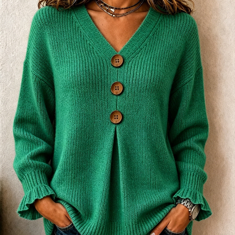 Pull femme en maille à col V boutonné et manches longues 4