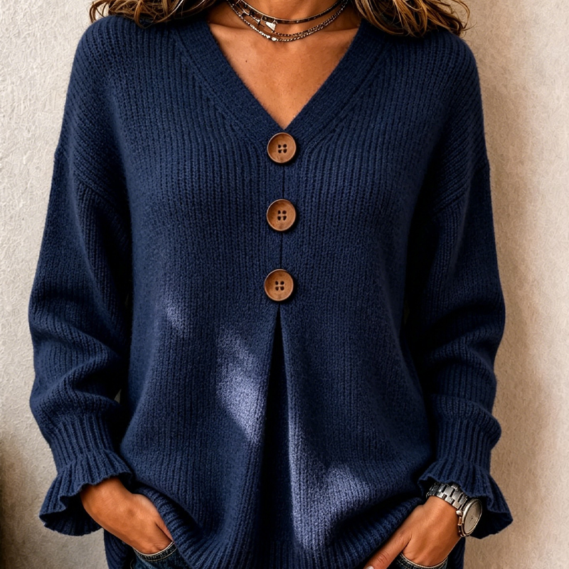 Pull femme en maille à col V boutonné et manches longues 6