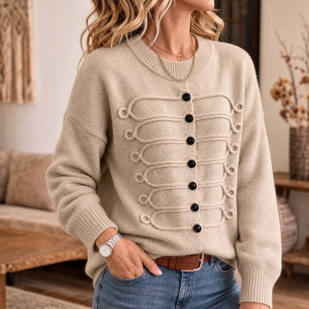 Pull femme en maille à détails tressés et boutons décoratifs 1