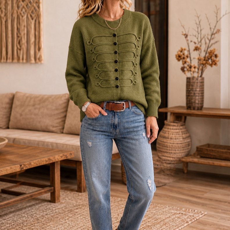 Pull femme en maille à détails tressés et boutons décoratifs 3