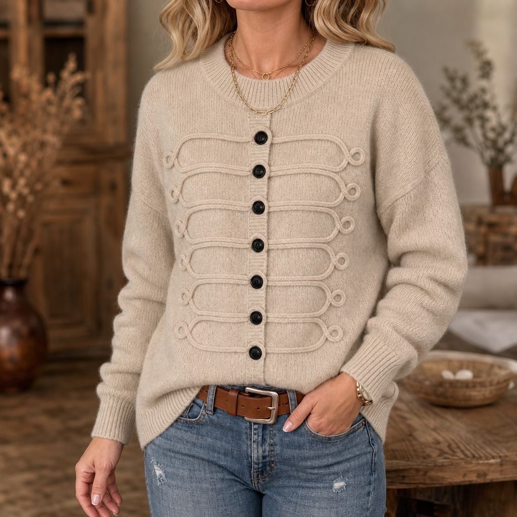 Pull femme en maille à détails tressés et boutons décoratifs 5