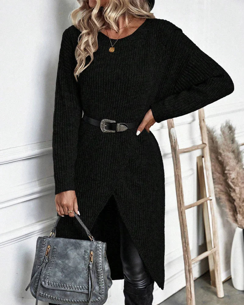 Pull long femme en maille côtelée à col rond et fente devant 10