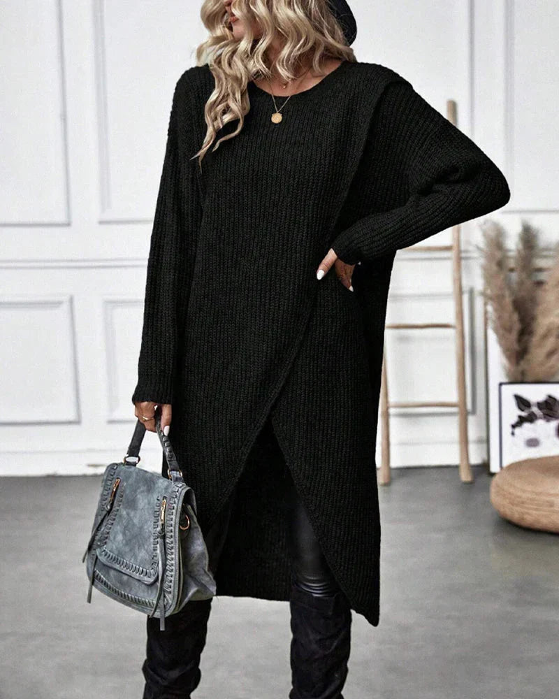 Pull long femme en maille côtelée à col rond et fente devant 3
