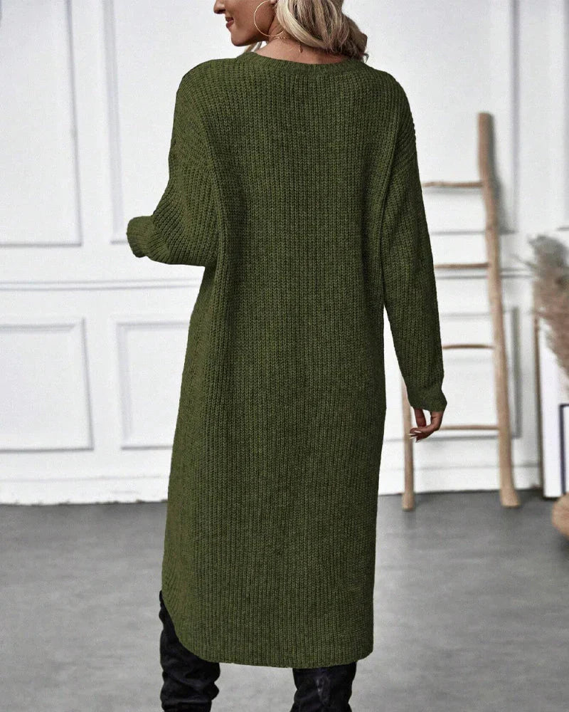Pull long femme en maille côtelée à col rond et fente devant 6