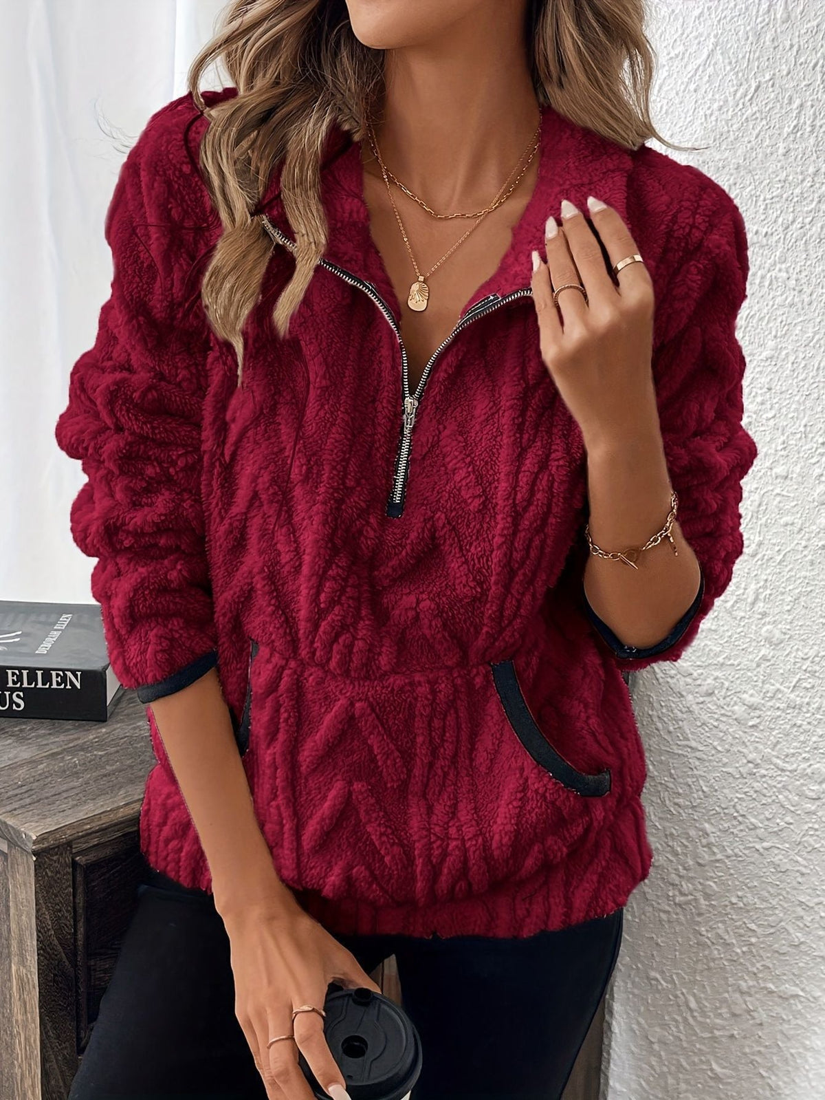 Pull polaire femme à col montant et demi-zip coupe ample 8