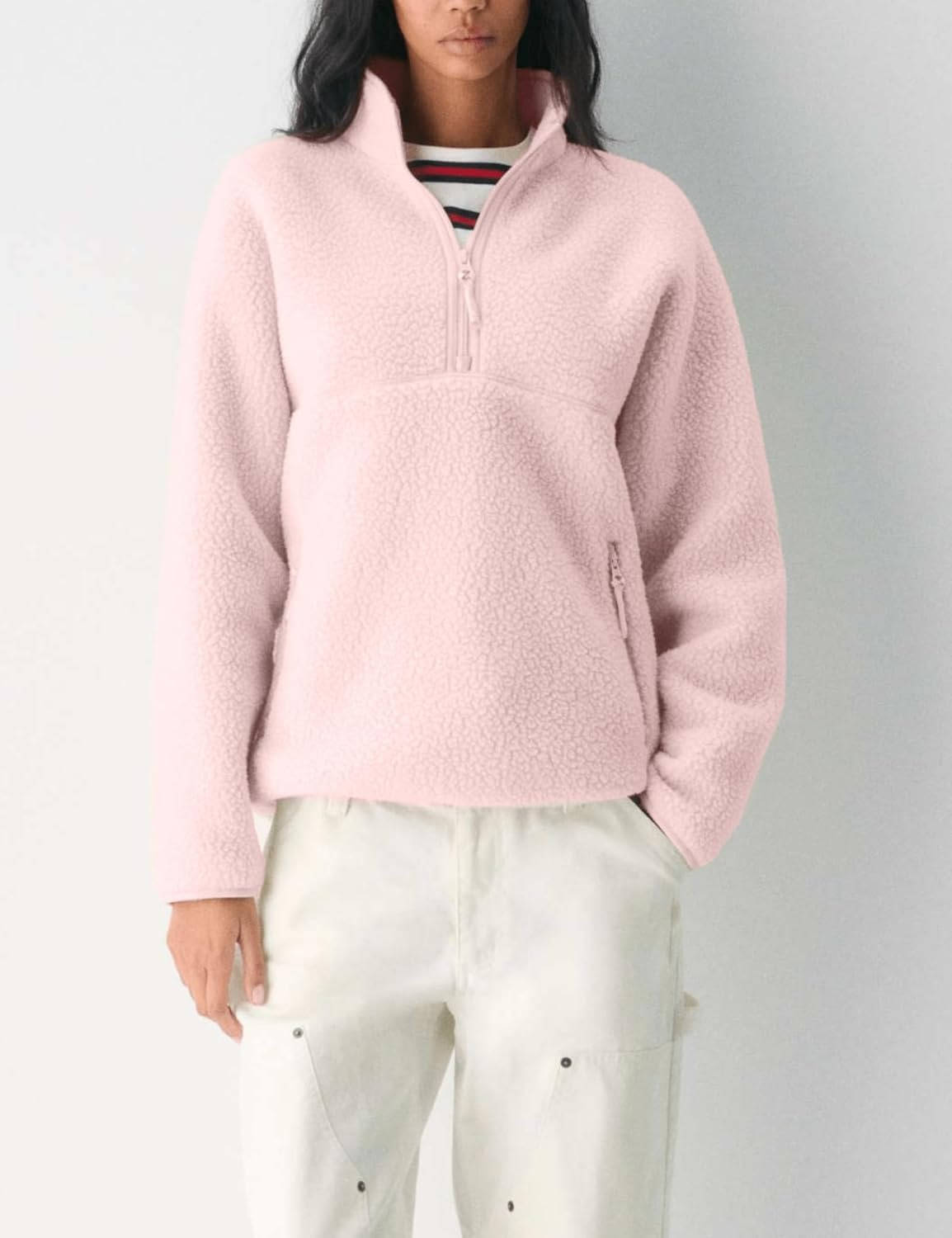 Pull polaire femme en sherpa à col montant et demi-zip manches longues 1
