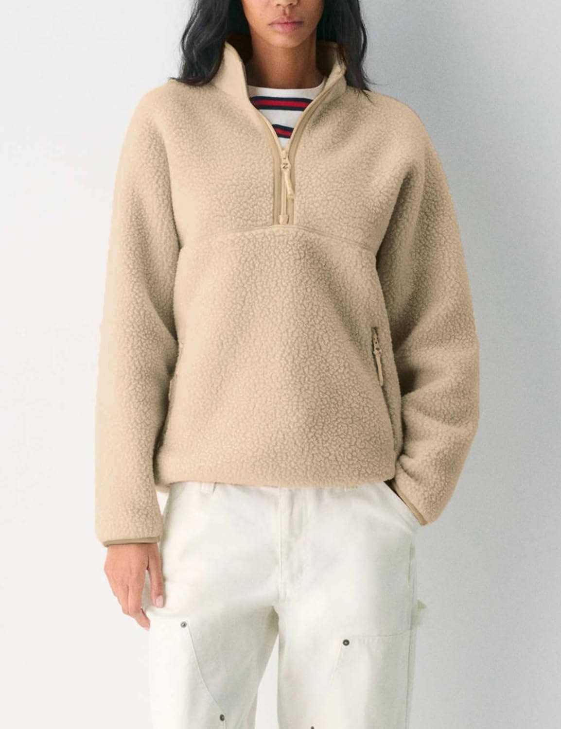 Pull polaire femme en sherpa à col montant et demi-zip manches longues 6