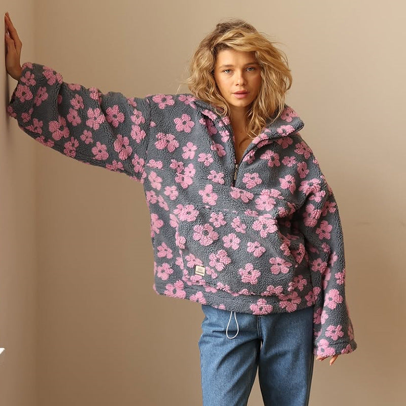 Pull polaire femme en sherpa à motif floral col polo et demi-zip 2