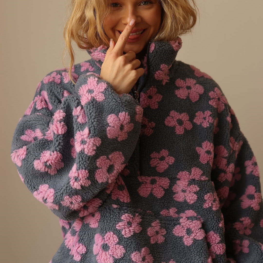 Pull polaire femme en sherpa à motif floral col polo et demi-zip 7