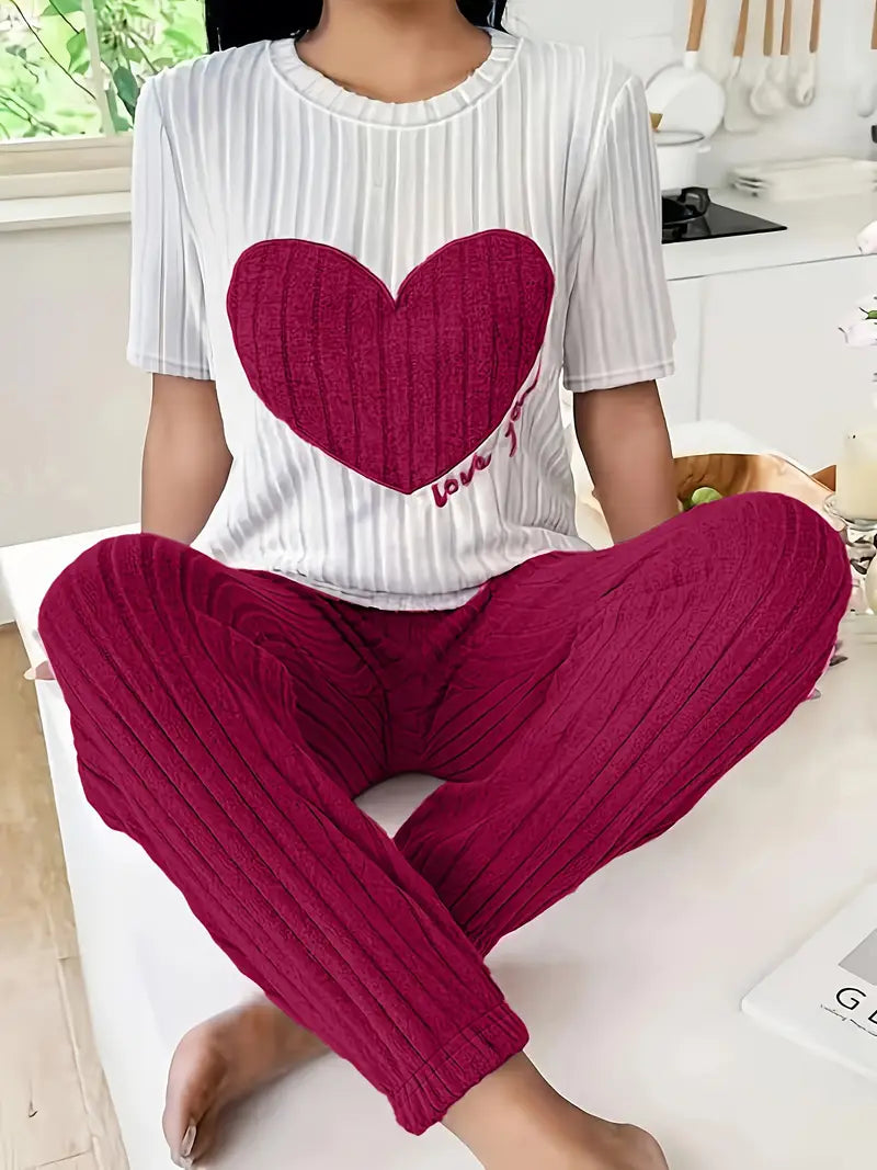 Pyjama femme deux pièces à motif cœur en maille côtelée manches courtes 3