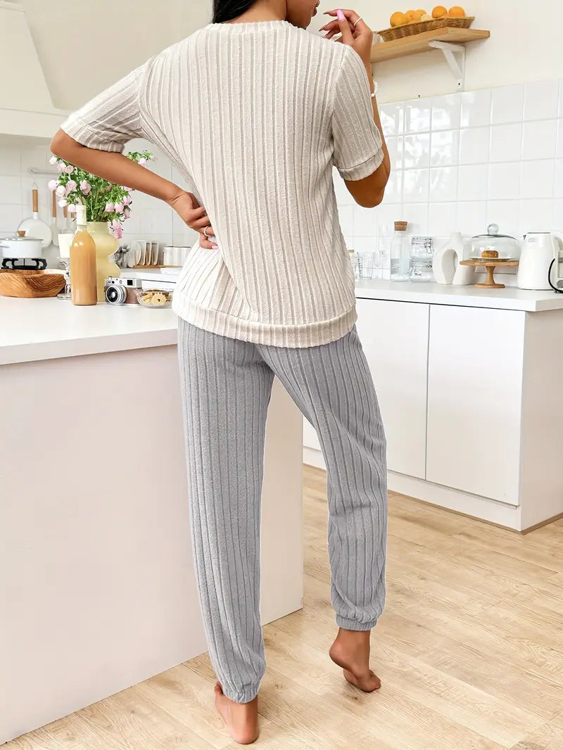 Pyjama femme deux pièces à motif cœur en maille côtelée manches courtes 6