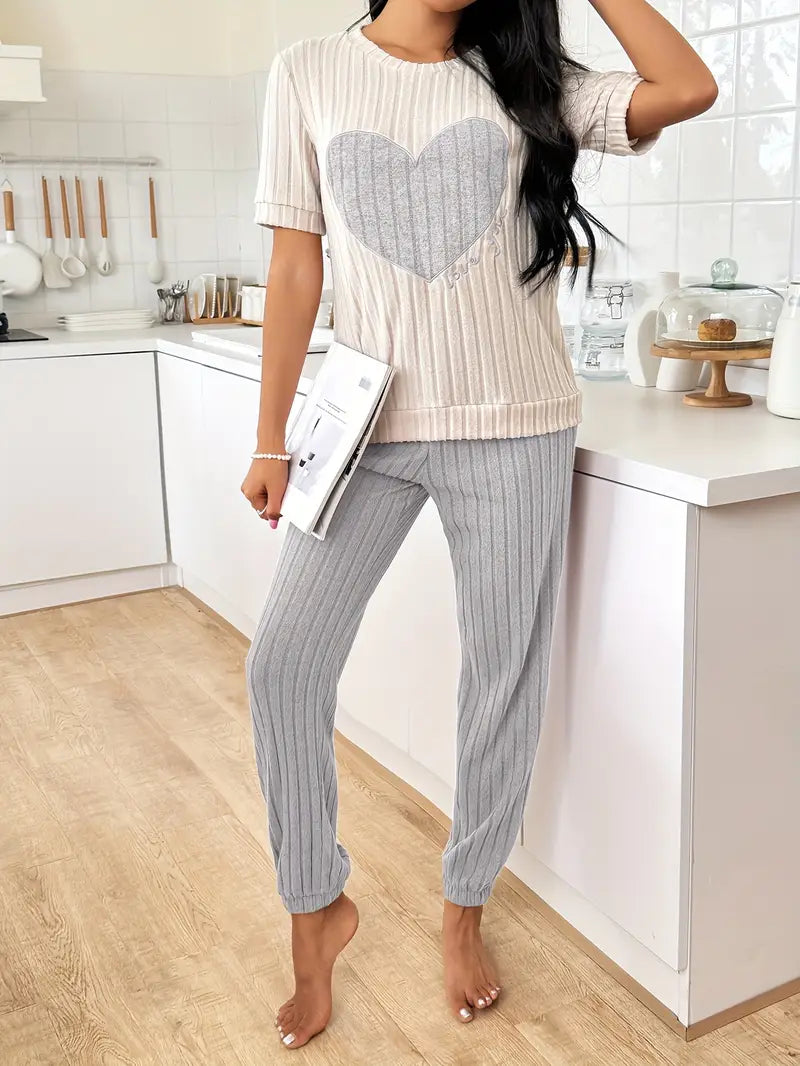 Pyjama femme deux pièces à motif cœur en maille côtelée manches courtes 7
