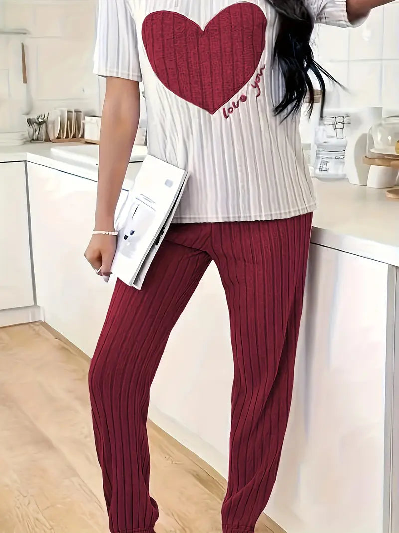 Pyjama femme deux pièces à motif cœur en maille côtelée manches courtes 9