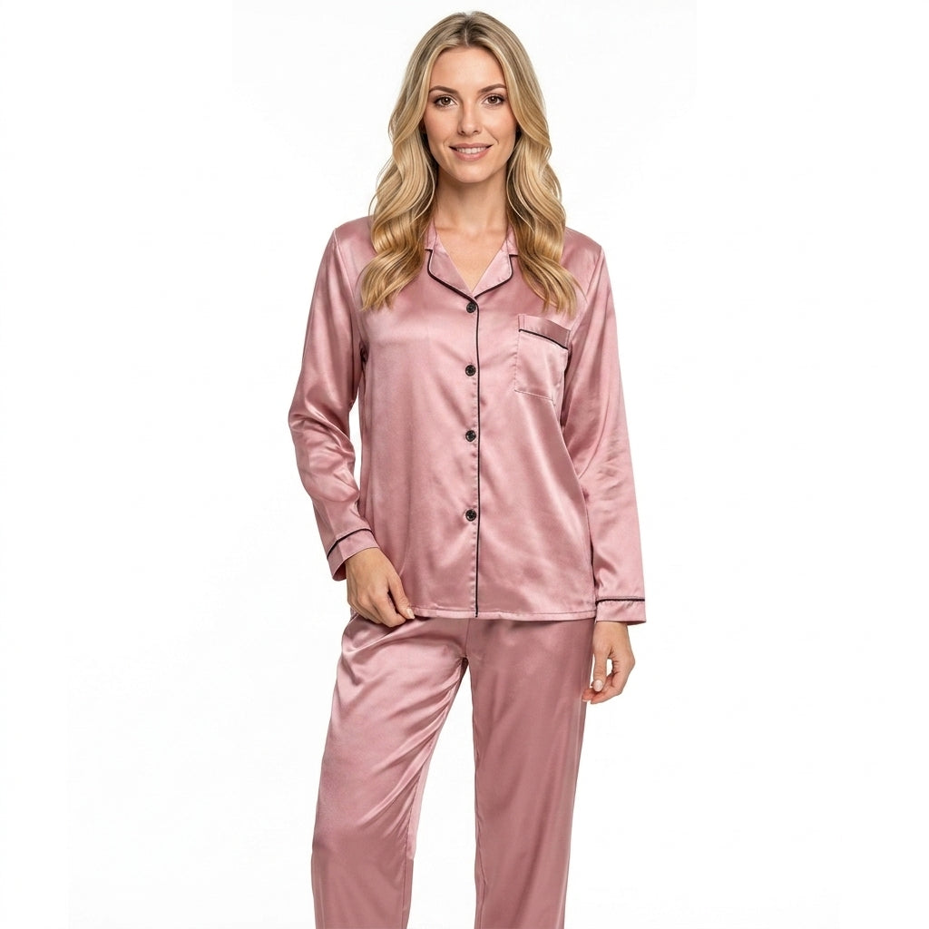 Pyjama femme deux pièces boutonné à col à revers et passepoil contrastant 2