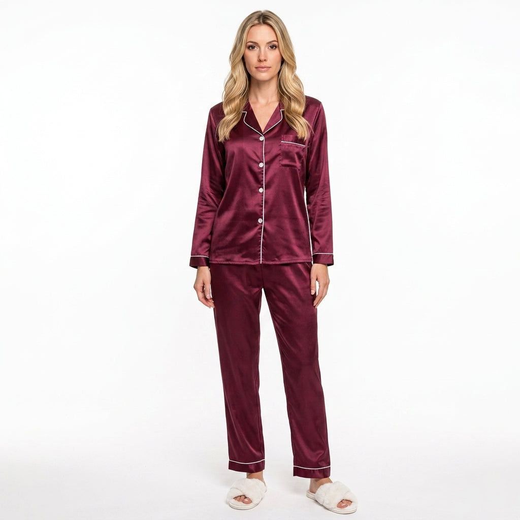 Pyjama femme deux pièces boutonné à col à revers et passepoil contrastant 3