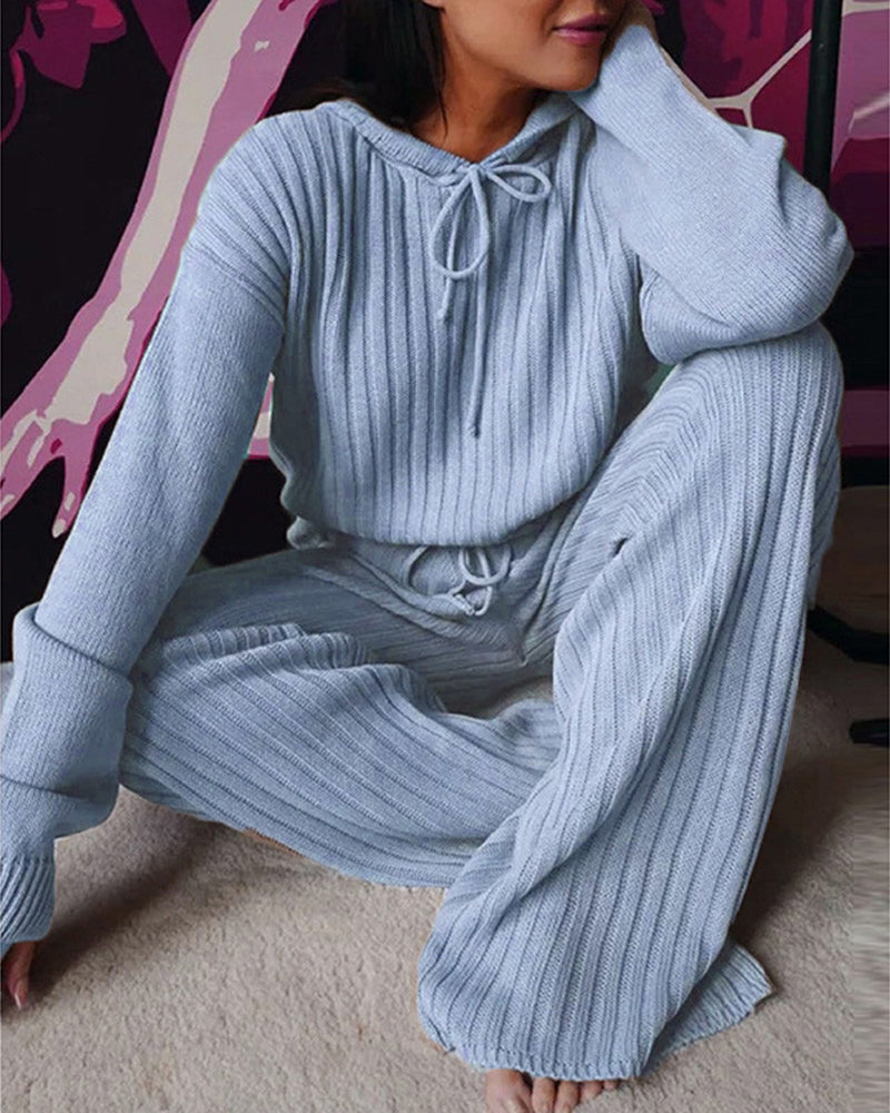 Pyjama femme deux pièces en maille côtelée à capuche et pantalon large 2
