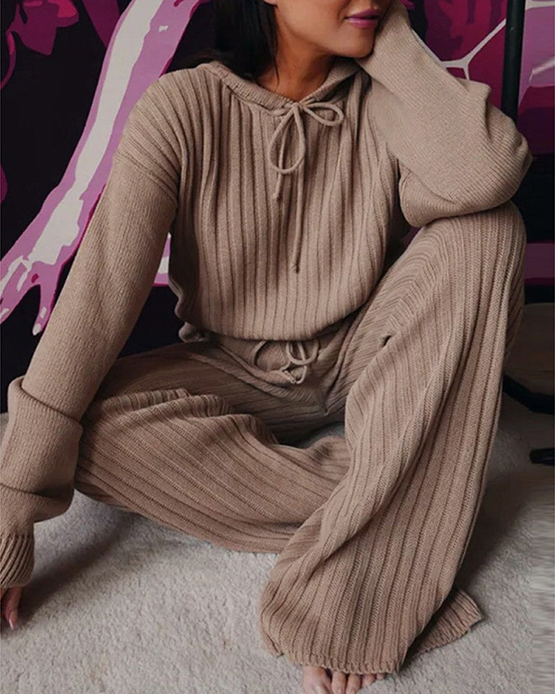 Pyjama femme deux pièces en maille côtelée à capuche et pantalon large 5