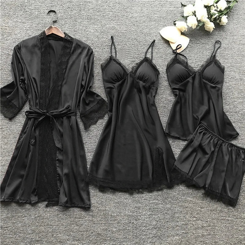 Pyjama femme en satin et dentelle à fines bretelles avec peignoir 2