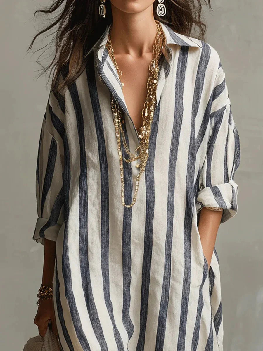 Robe chemise longue en lin à rayures coupe ample avec poches